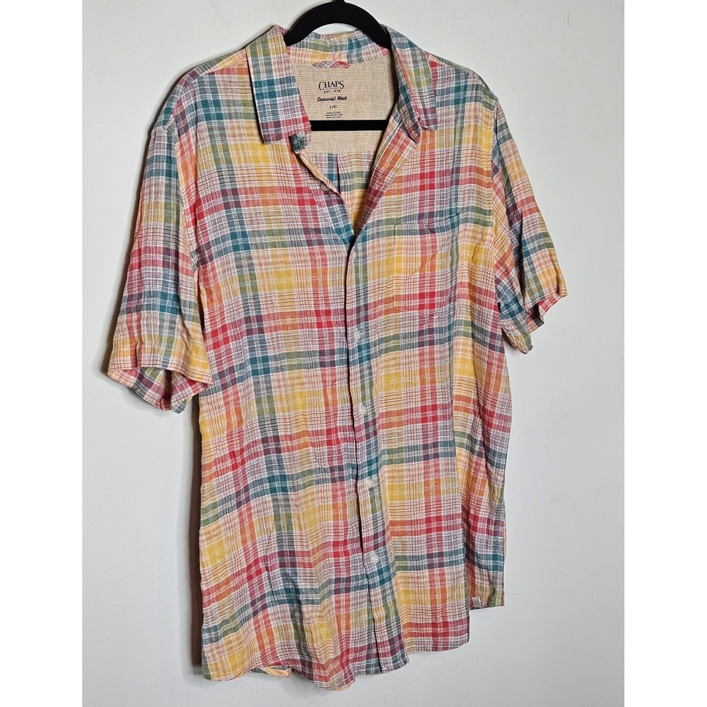 Chaps Seacoast Wash Linen Blend Plaid Button Shortsleeve Shirt Mens L Pride - Picture 2 of 5